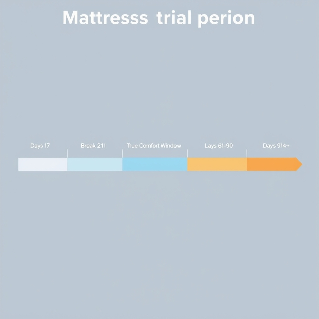 mattress sleep trial — Timeline showing five phases of a mattress trial period from day 1 to day 90 and beyond, with color-coded zones.