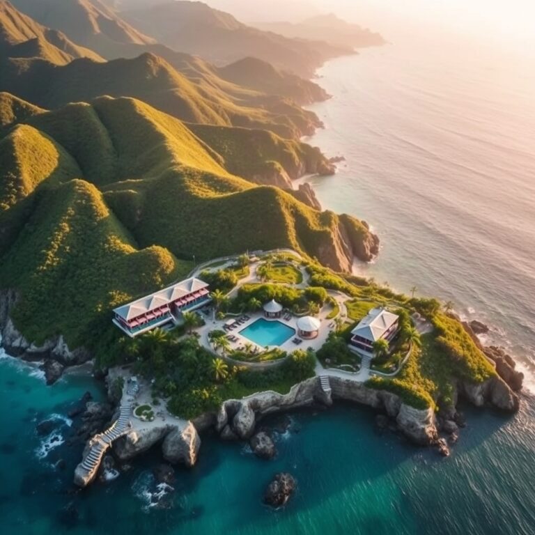 meditation retreat vacation — Aerial view of a luxury wellness resort on a coastline with meditation pavilions and spa facilities surrounded by mountains and ocean.