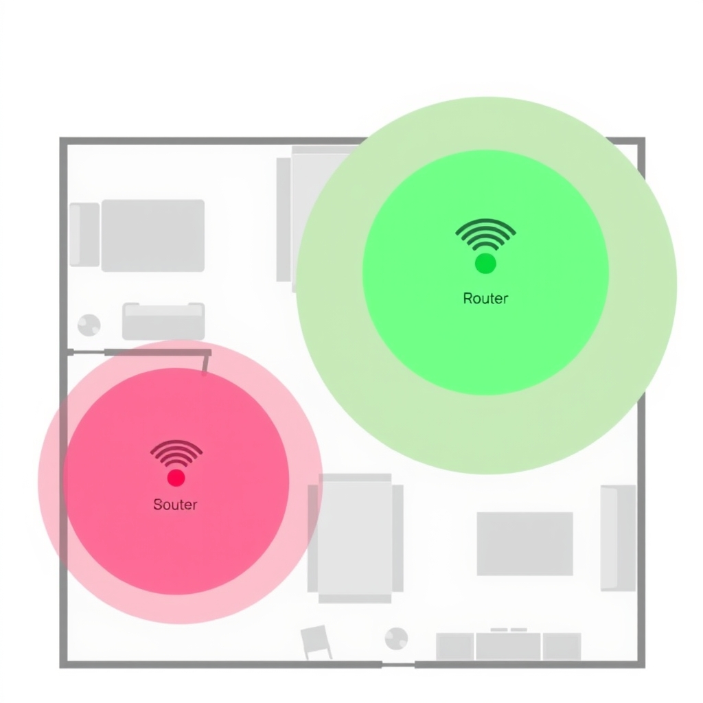 mesh network router — Home floor plan showing overlapping WiFi coverage zones from three mesh network nodes.