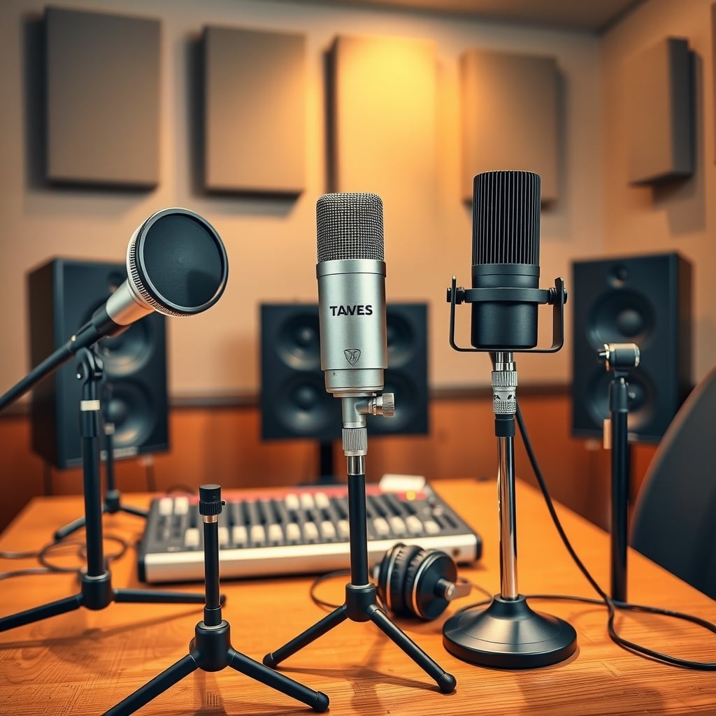microphone types — Three different microphone types displayed in a professional studio with acoustic treatment and audio gear.