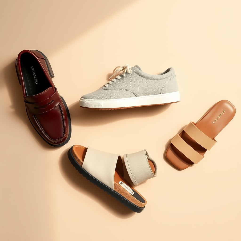 Miraggion footwear review — Four trend-forward shoes in various styles arranged overhead on neutral background.
