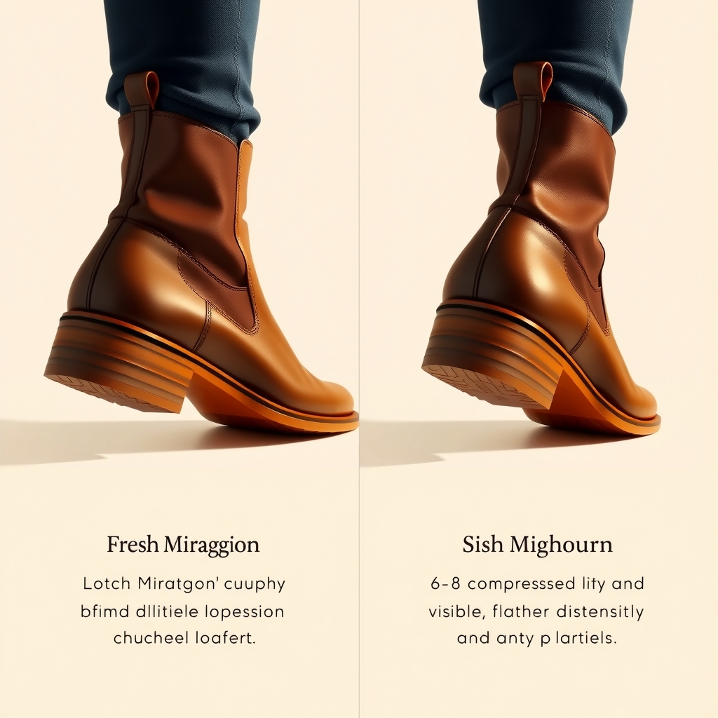 Miraggion footwear — Before-and-after visual of sole degradation in a Miraggion boot over six months.