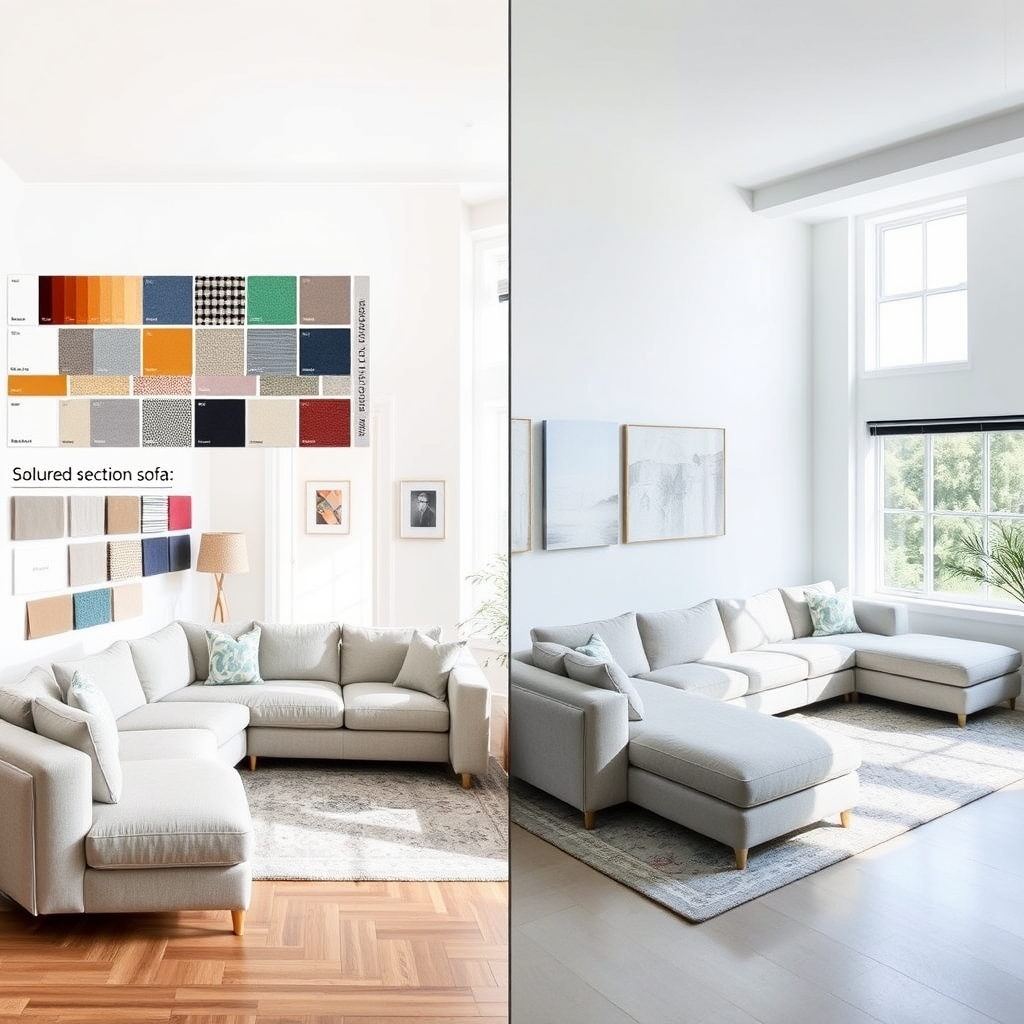 modular sectional comparison — Side-by-side living rooms featuring two different sectional sofas, one with design options and one fully assembled.