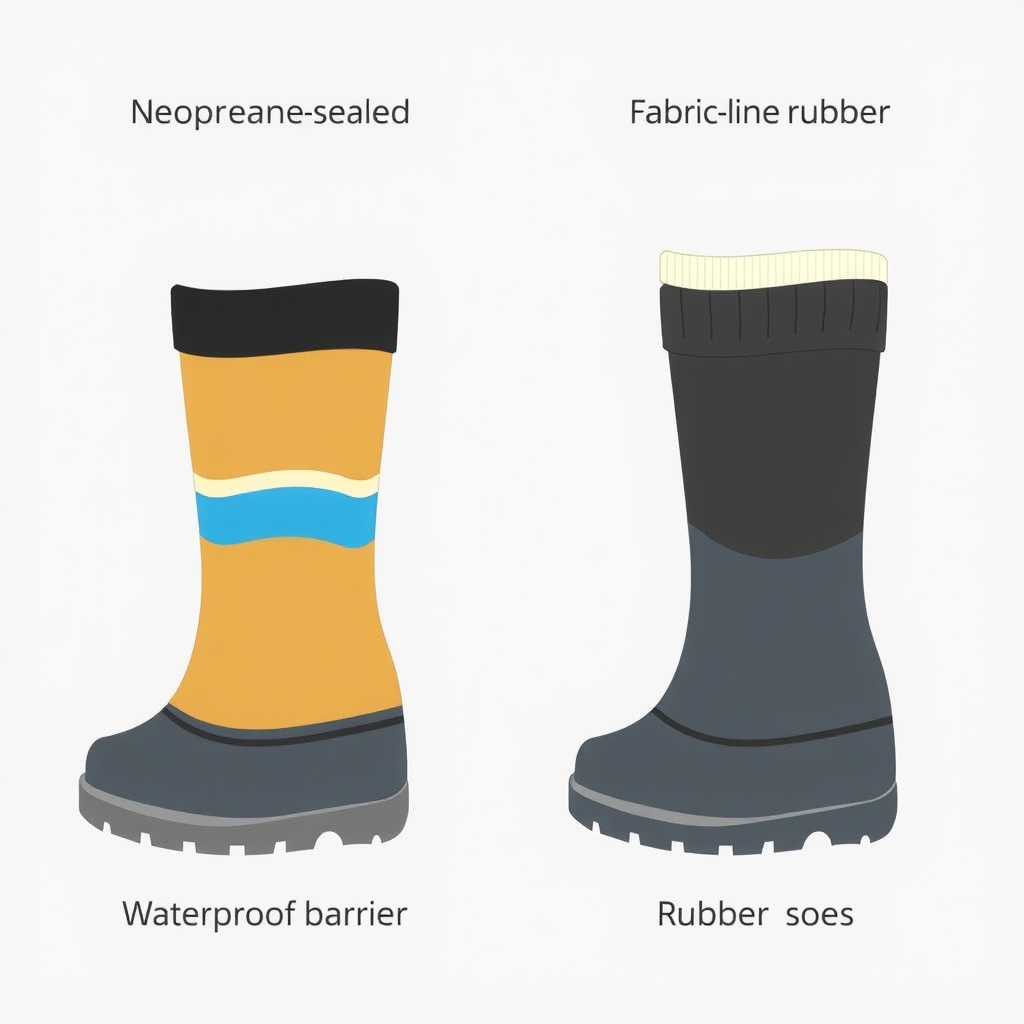 Muck Boots review — Cross-section diagram comparing neoprene construction versus fabric-lined rubber boot material layers.