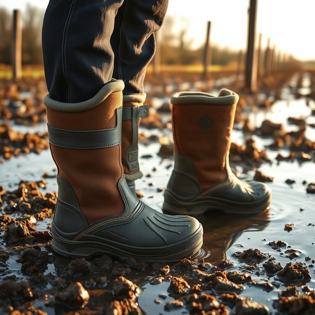 Muck Boots vs competitors — Pair of weathered insulated work boots standing in mud and standing water on a farm.