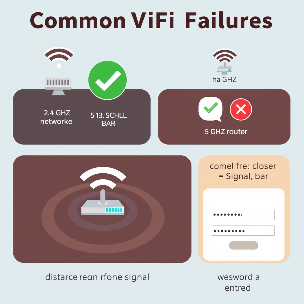 multiroom speakers — Visual guide showing WiFi setup issues: 2.4 GHz success versus 5 GHz failure, distance, and password entry.