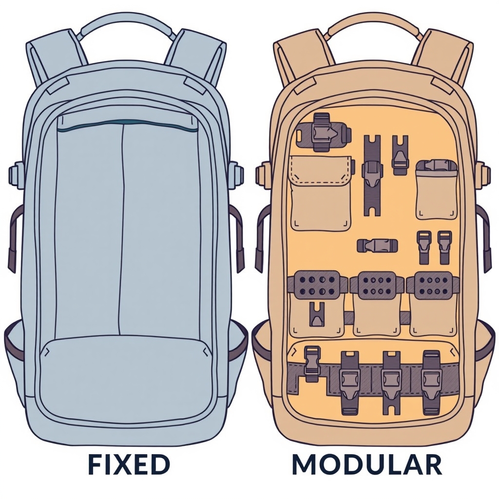 Nomatic backpack features — Side-by-side comparison of fixed versus modular backpack interior organization systems.