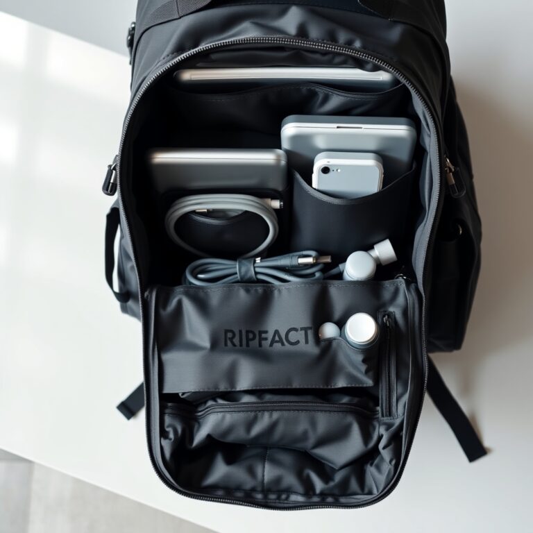 Nomatic travel backpack review — Open Nomatic travel backpack showing modular pouches and organized internal compartments with travel gear neatly arranged.