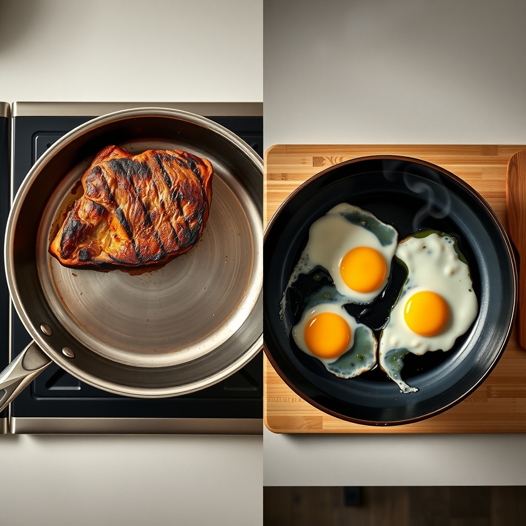 non-stick vs stainless steel performance — Split image showing stainless steel pan searing meat and non-stick pan cooking eggs side by side.
