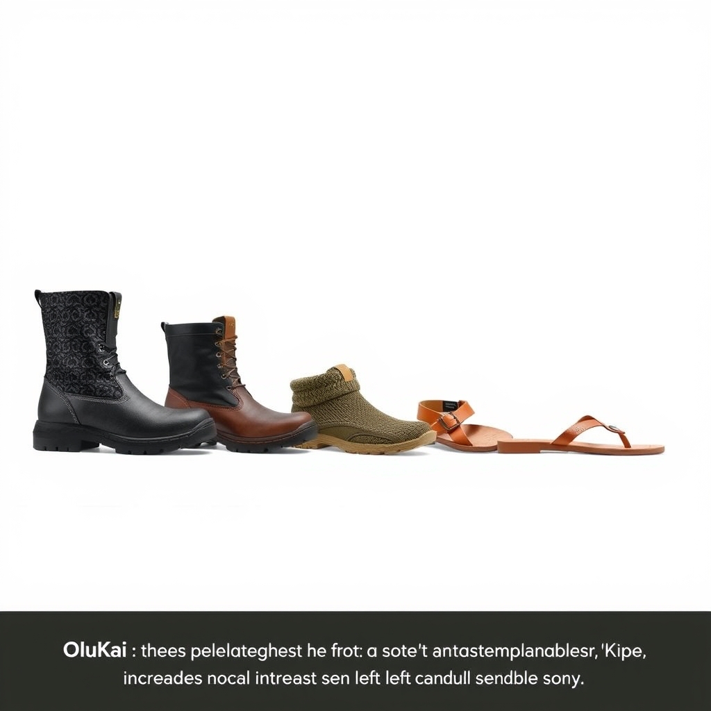 olukai sandals durability — Five OluKai shoe silhouettes arranged by relative durability, with boot tallest and budget sandal shortest.