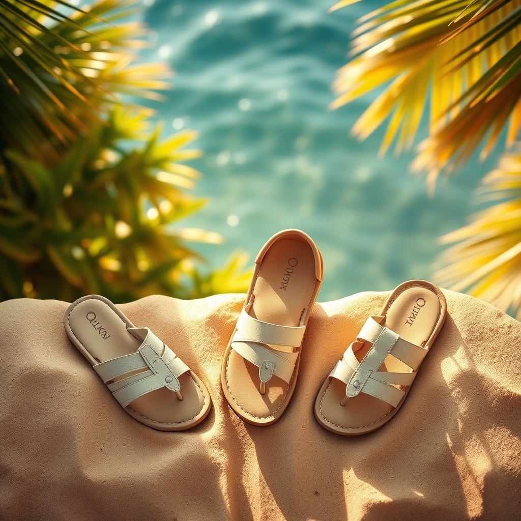 olukai shoes worth it — Three OluKai footwear styles arranged on sand with ocean backdrop, showcasing leather sandals and casual shoes in natural light.