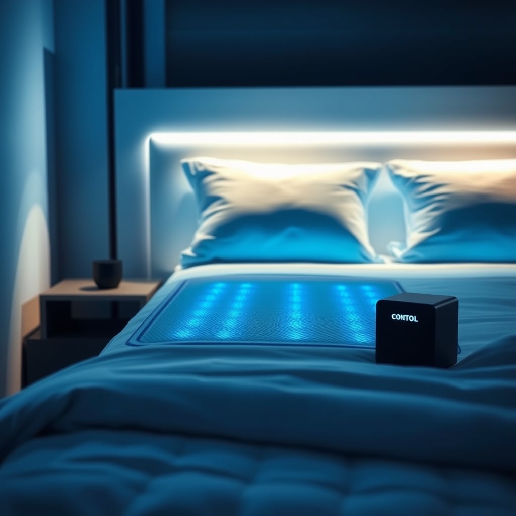 Ooler vs traditional cooling topper — Modern bedroom at night with illuminated water-cooled mattress pad and control cube on nightstand.
