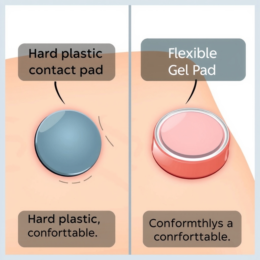 open ear headphones — Side-by-side comparison of hard vs. contoured bone conduction pads showing difference in skin contact comfort.