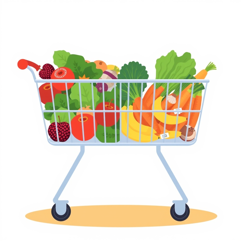 organic food health benefits — Shopping cart divided to show organic premium items versus budget-friendly conventional items in relative quantities.