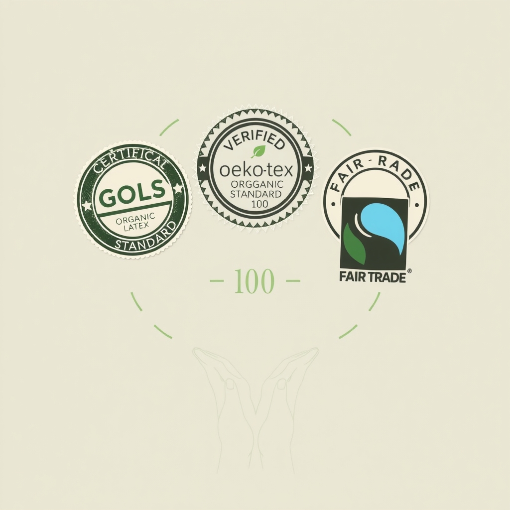 organic mattress — Three certification badges: GOLS, Oeko-Tex, and Fair Trade, representing verified eco-credentials.