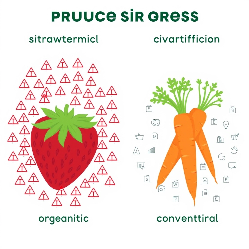 organic produce nutrition — Visual comparison of pesticide residue levels: strawberries show high density of warning indicators, carrots show minimal indicators.