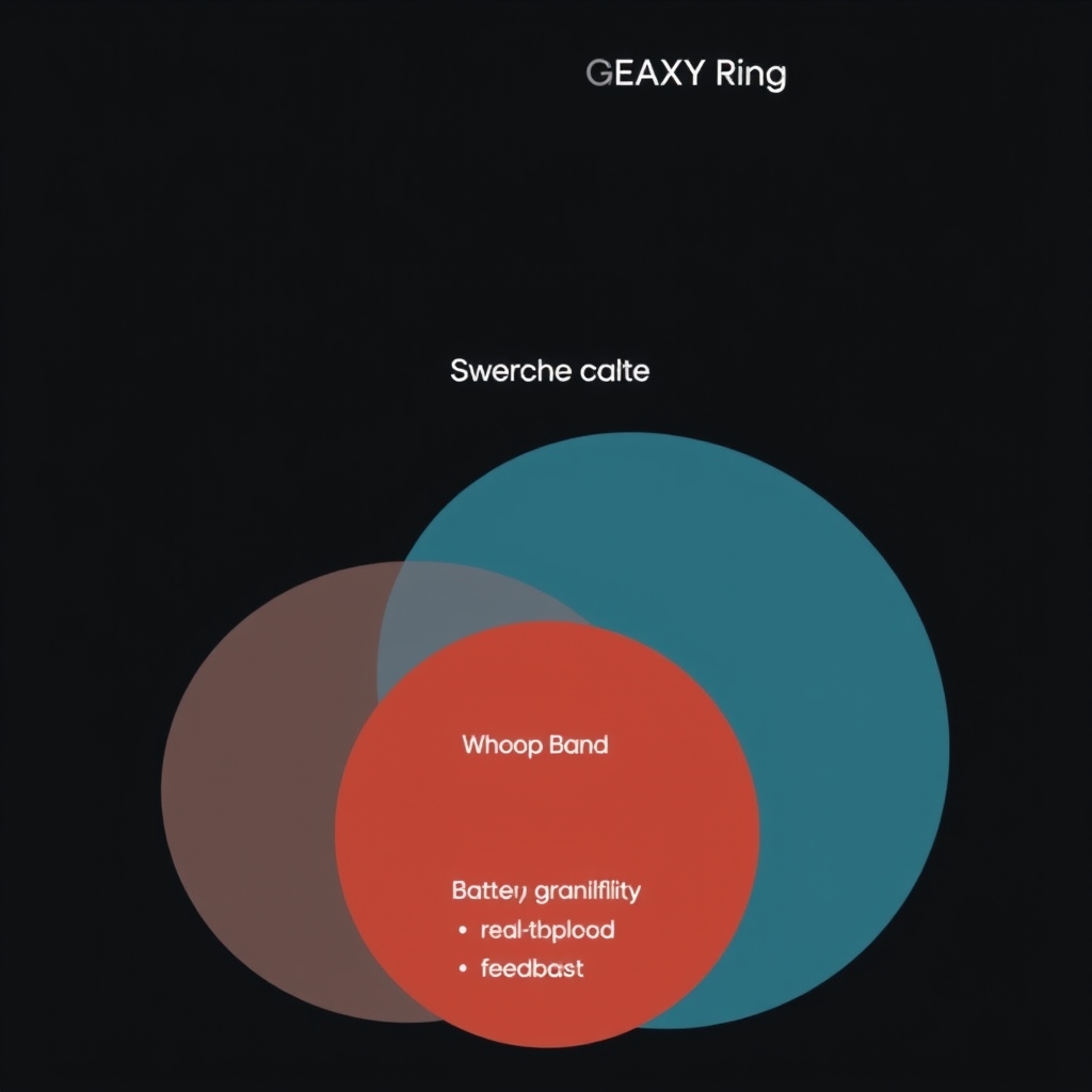 oura ring sleep tracking — Three-way comparison visualization of Oura, Galaxy Ring, and Whoop across key metrics using proportional and color coding.
