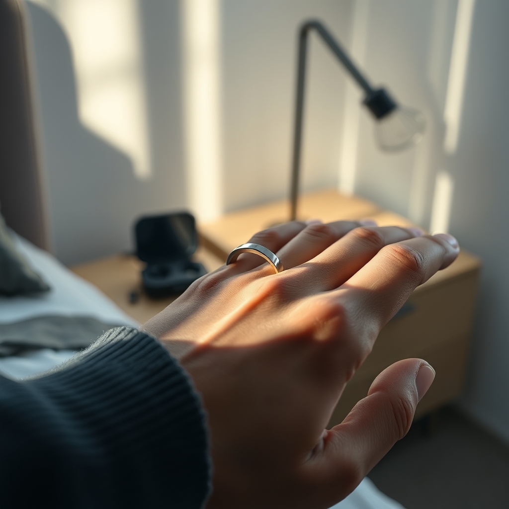 oura ring vs whoop — Titanium smart ring on a finger with charging case visible, soft morning light, minimalist bedroom setting.
