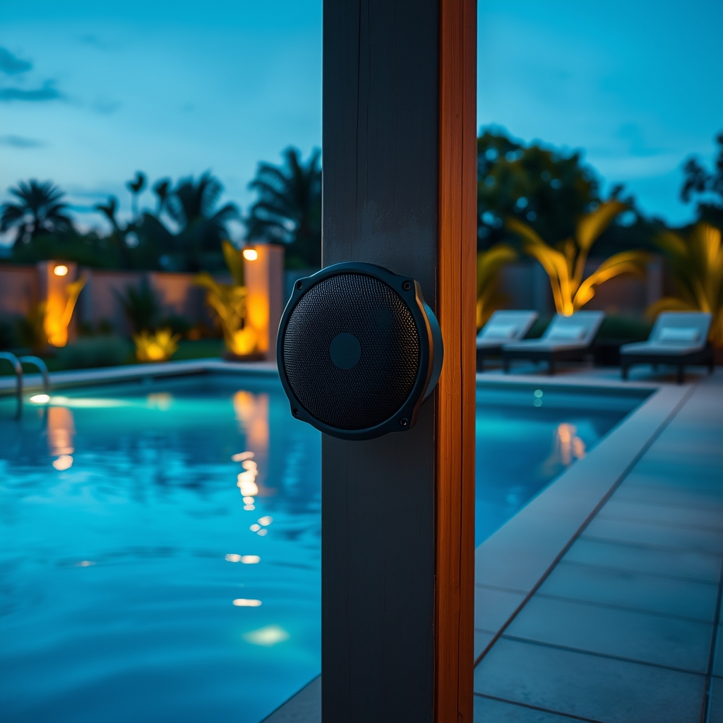 outdoor speakers — Outdoor speaker mounted on a patio post overlooking a pool at twilight with garden surroundings.