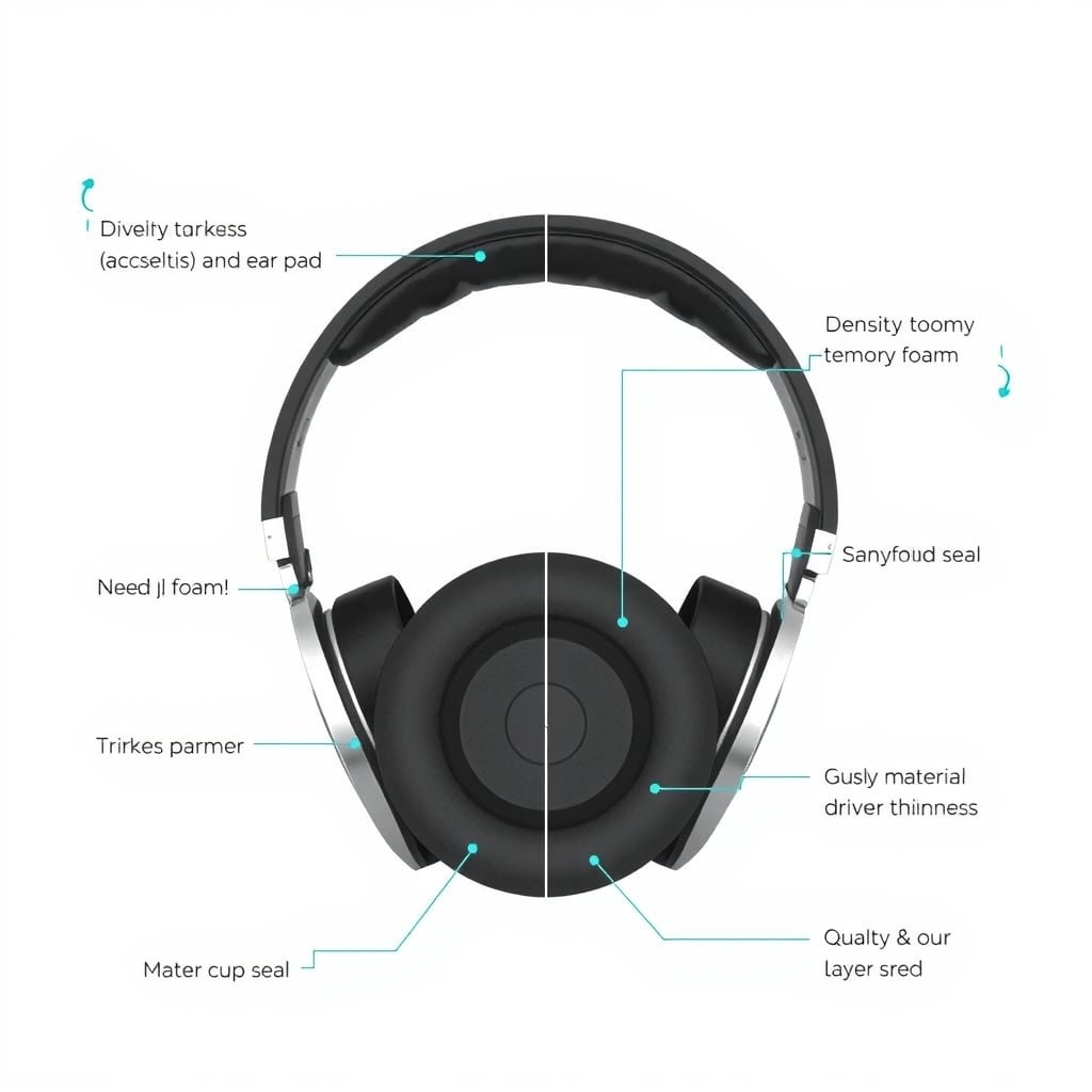 over-ear headphone reviews — Cutaway diagram of over-ear headphone anatomy showing ear pad, headband padding, driver, and seal components.