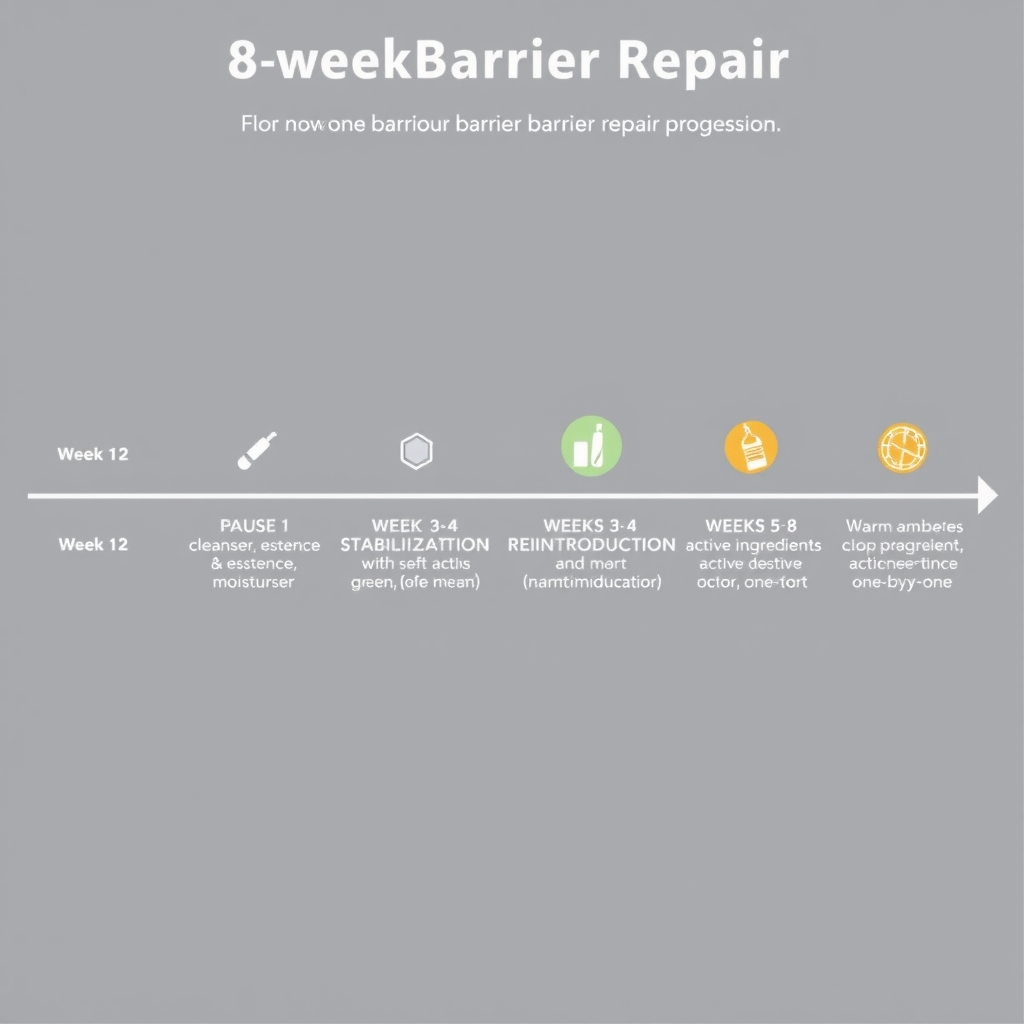 overuse skincare — Timeline showing 8-week skin barrier repair phases: pause, stabilization, and gradual reintroduction of actives.