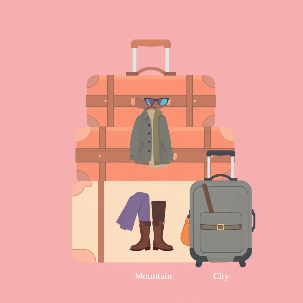 packing checklist by destination — Three suitcases representing beach, mountain, and city packing, each containing destination-specific icon illustrations.