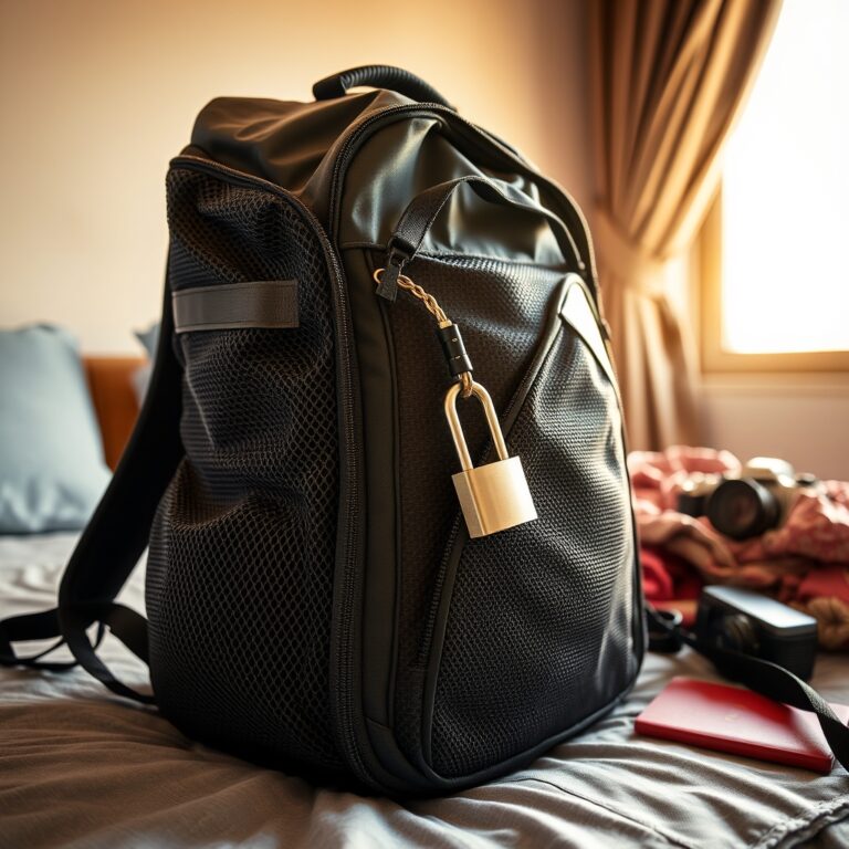 Pacsafe anti-theft luggage review — Pacsafe travel backpack displayed with visible anti-theft mesh and cable lock on a hostel bed during daylight.