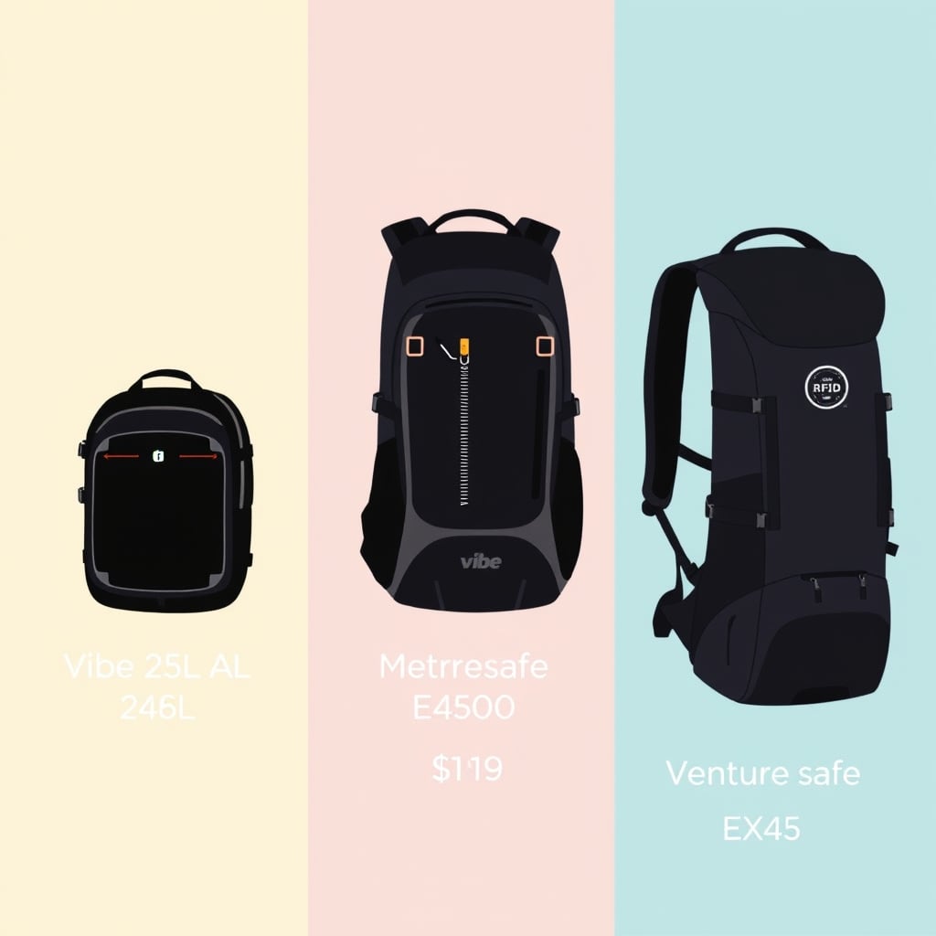 Pacsafe review — Visual comparison of three Pacsafe pack models showing relative sizes, key features, and price positioning.