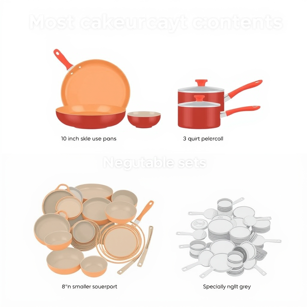 pan set contents — Infographic showing cookware set contents grouped by usage frequency—essential pieces prominent, negotiable items smaller, filler items scattered.