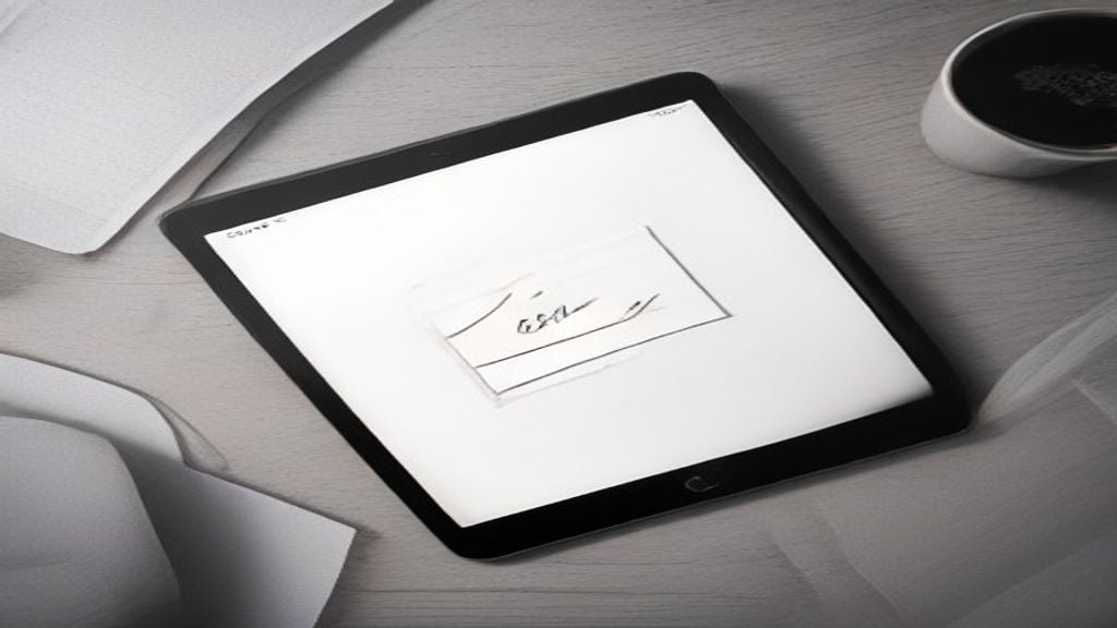 paper-like tablet — Minimalist e-ink tablet with stylus on wooden desk beside paper notebook and coffee cup