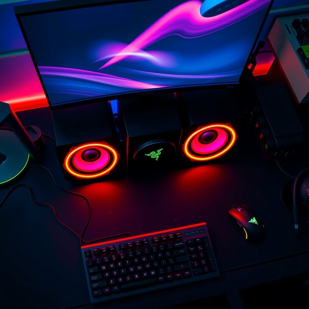 PC gaming speakers — Overhead view of a gaming desk with Razer speakers emitting colorful RGB lighting alongside gaming peripherals.