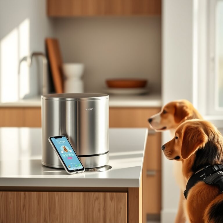 PetLibro reliability — Automatic pet feeder on kitchen counter with smartphone app visible and pets waiting nearby