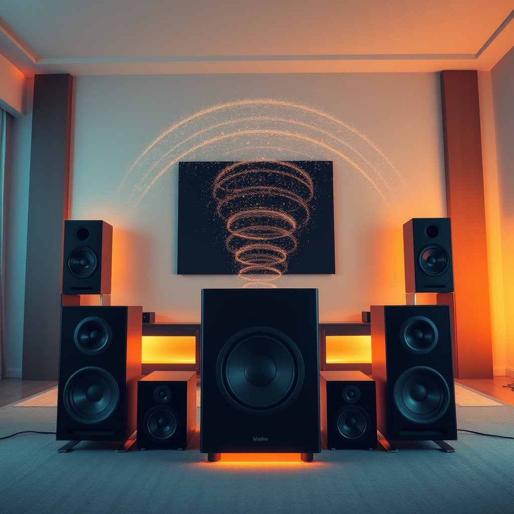 phase alignment subwoofer — Home theater setup showing subwoofer positioned near main speakers with visualized bass frequencies.
