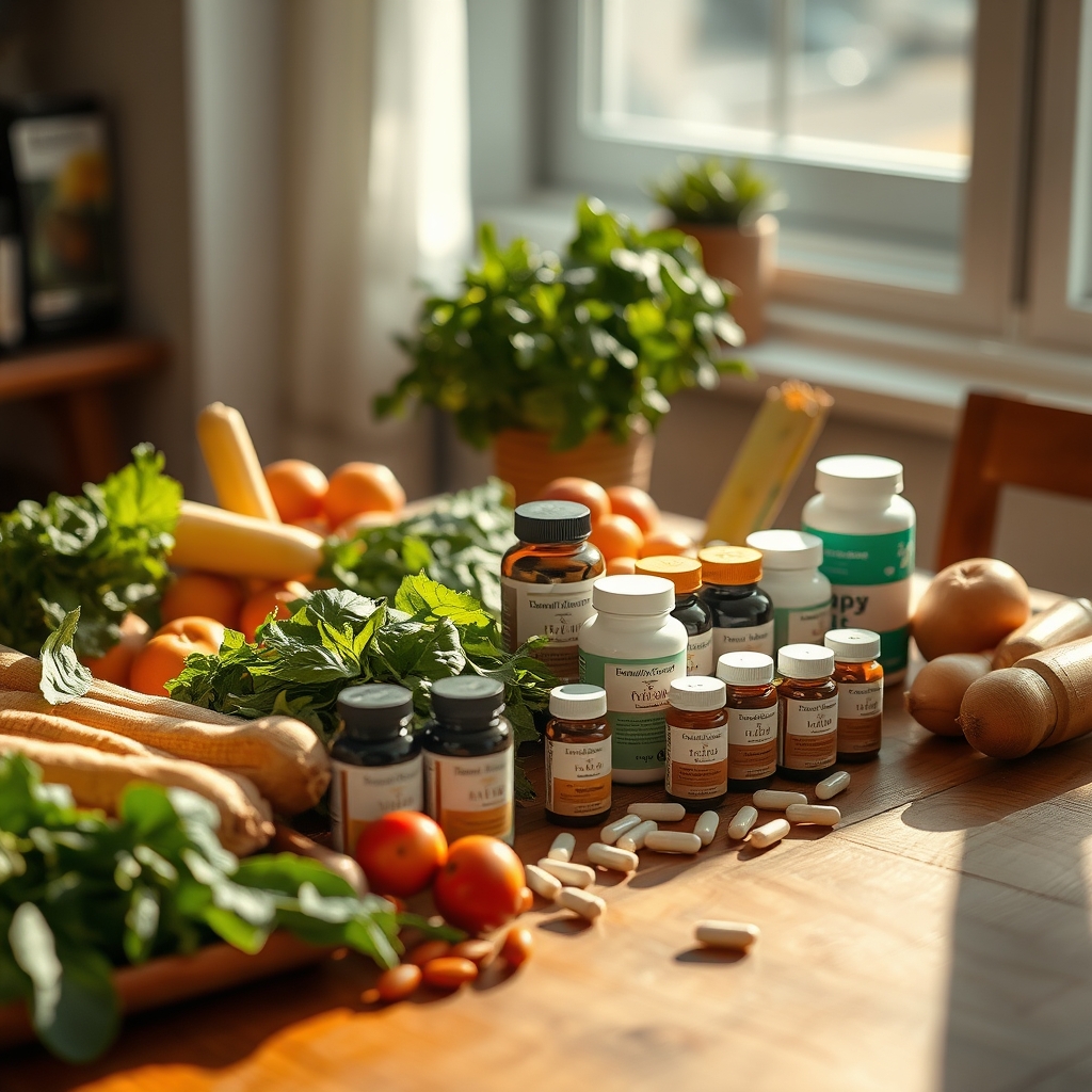 plant-based multivitamin — Supplement bottles and plant-based foods arranged on a wooden table in natural sunlight.