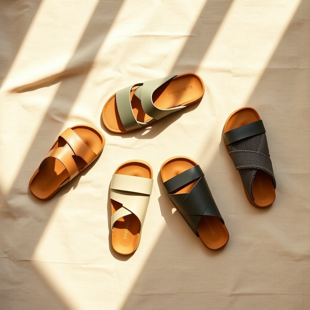 plant-based sandals — Five vegan sandals displayed flat on linen, showing cork, recycled plastic, and plant-based materials in natural light.