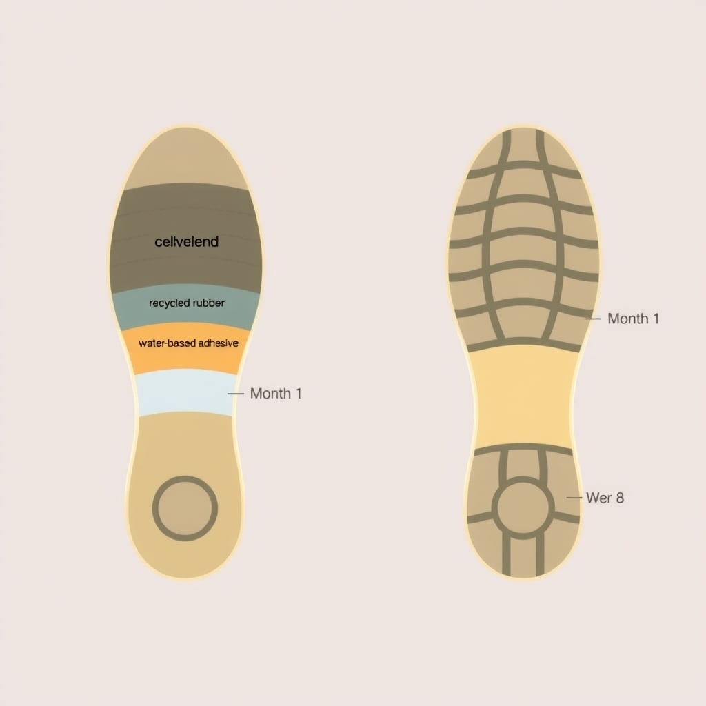 plant-based shoes — Cross-section comparison of Sutsu shoe sole material composition and wear timeline progression over eight months