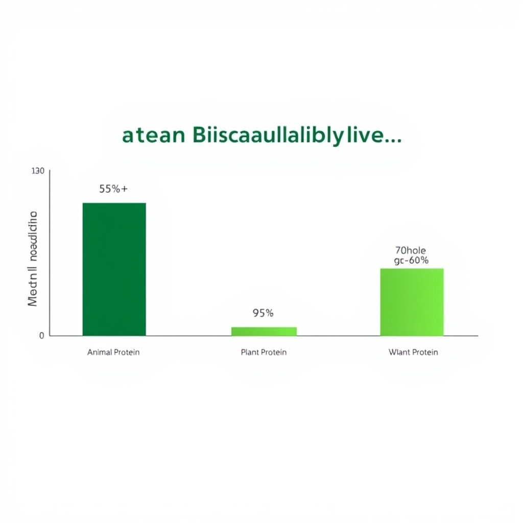 plant protein digestion — Three horizontal bars of increasing length representing bioavailability percentages for animal protein, isolate, and whole plant sources.