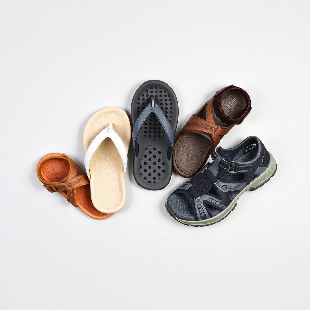 pool sandals — Five different waterproof sandal styles arranged to show strap construction and sole design variations.