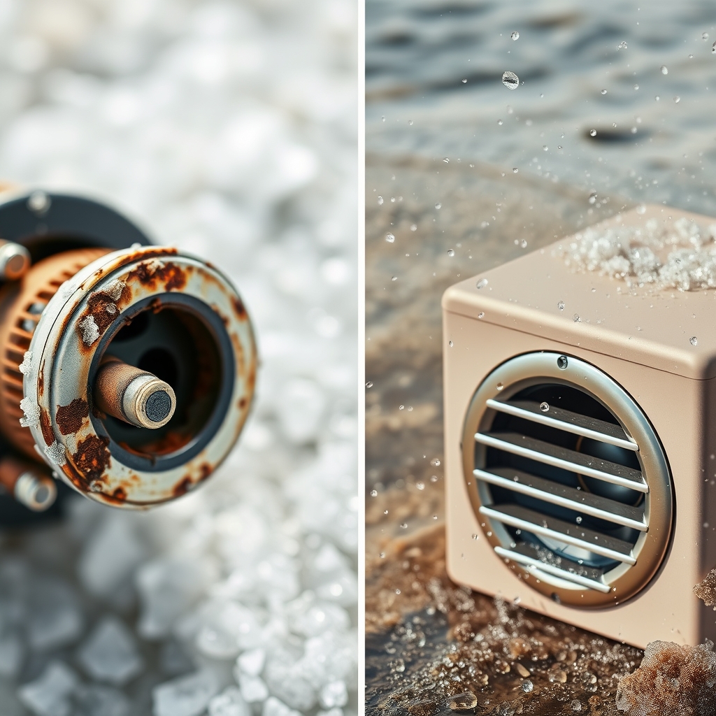 pool speakers — Before-and-after comparison of corroded versus marine-grade speaker housings exposed to saltwater.