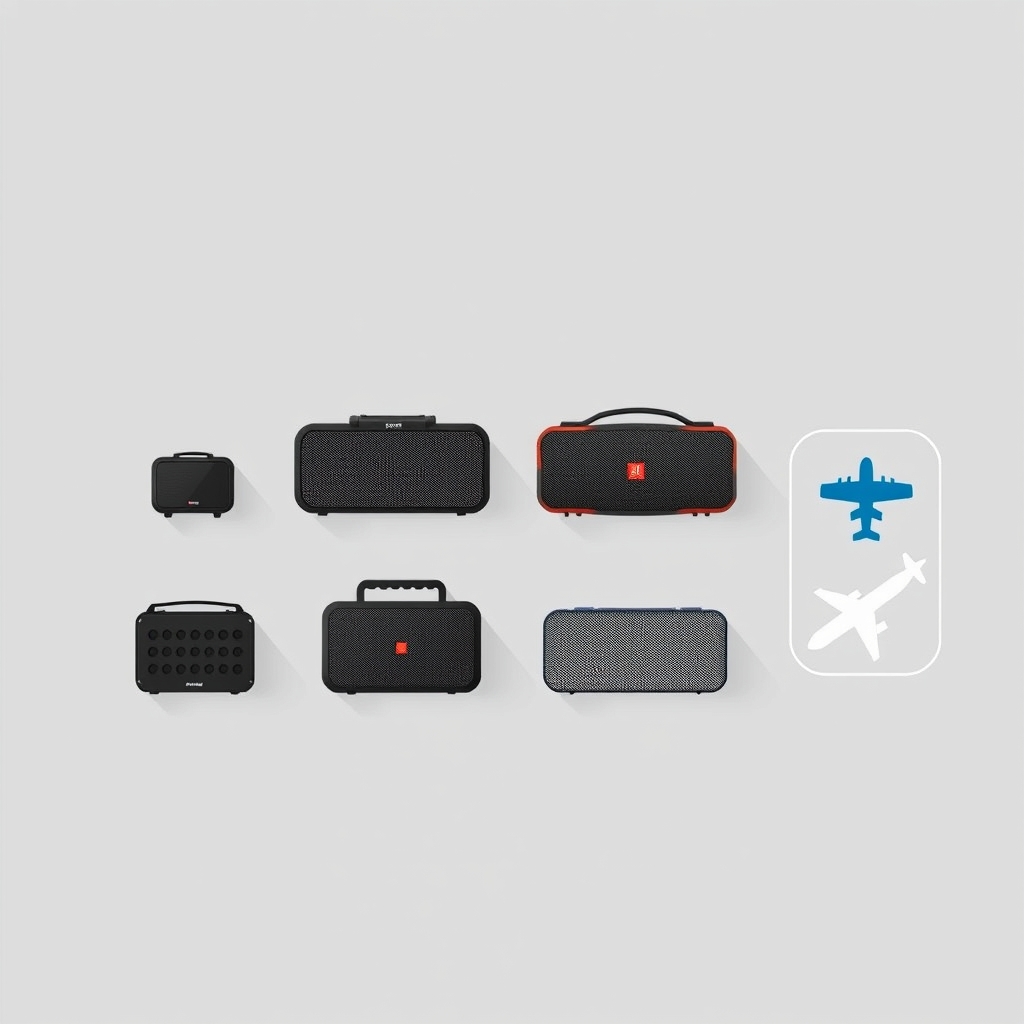 portable speaker for travel — Four portable speakers arranged by size and weight, smallest to largest, with carry-on icon reference.