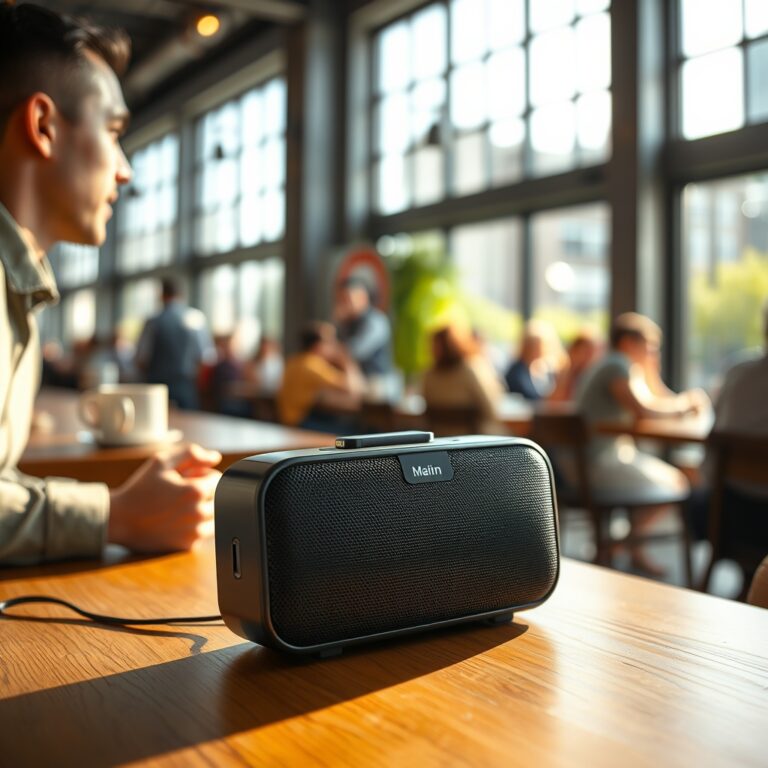 portable speaker microphone — Portable speaker on a cafe table during a video call with warm natural lighting and blurred background.