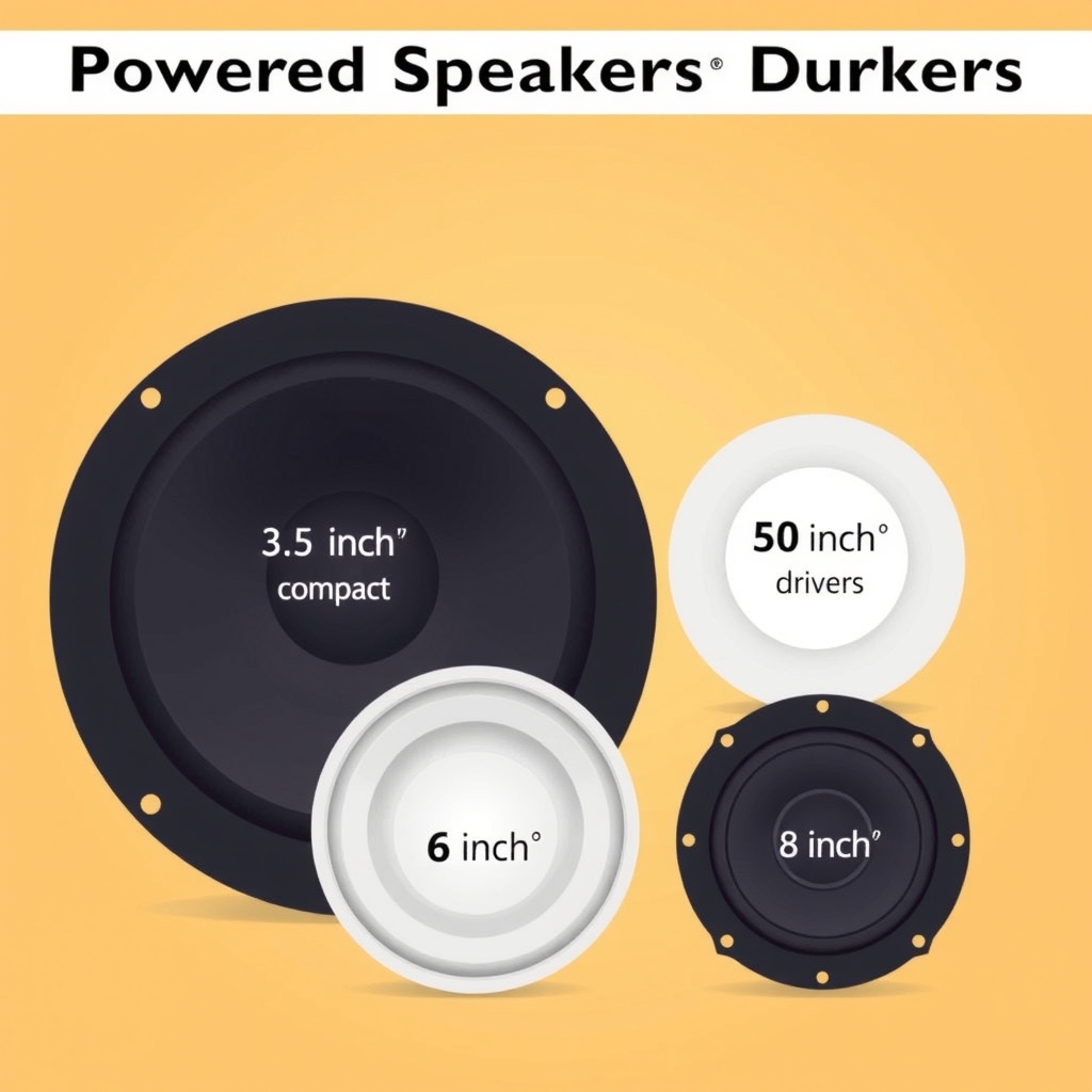 powered speakers — Relative size comparison of powered speaker driver sizes from 3.5 inches to 8 inches displayed as concentric circles.