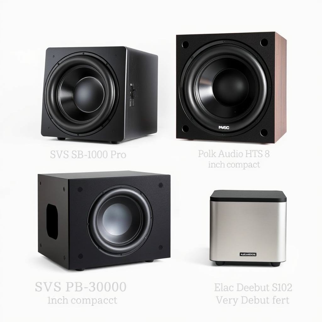 powered subwoofers — Four subwoofer models shown in scale from smallest to largest, displaying relative size differences.