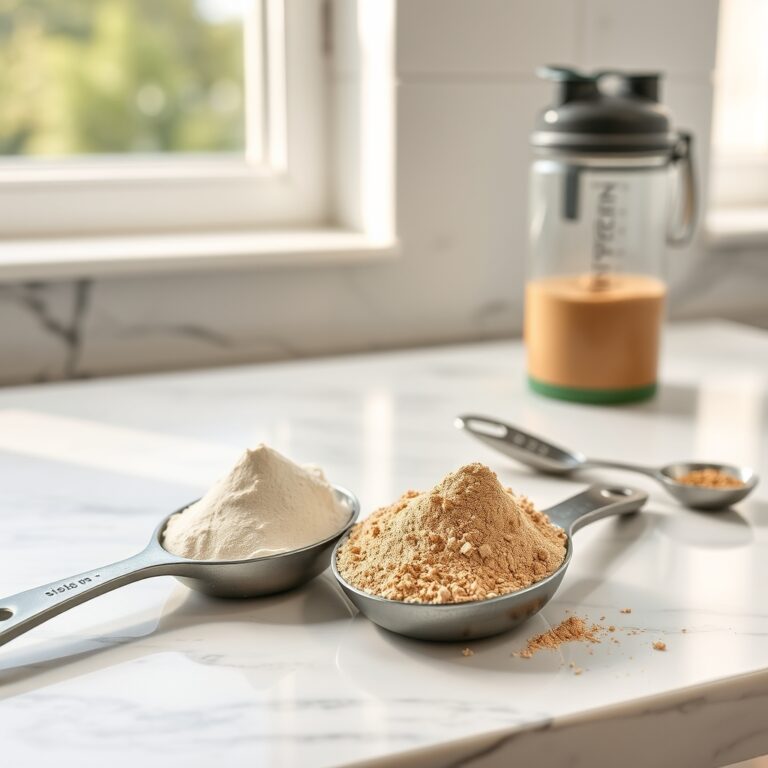 Primal Kitchen amino acids — Two protein powder scoops displayed side by side on marble with subtle lighting highlighting texture differences.