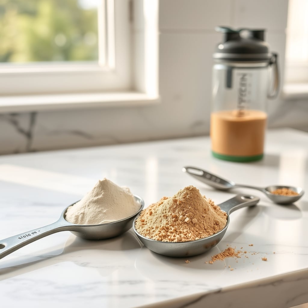 Primal Kitchen amino acids — Two protein powder scoops displayed side by side on marble with subtle lighting highlighting texture differences.