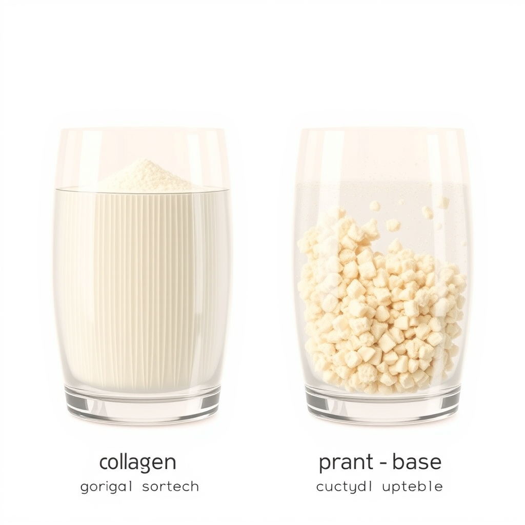 Primal Kitchen protein powder review — Illustrated comparison of collagen powder dissolving smoothly versus plant-based powder remaining grainy in liquid.