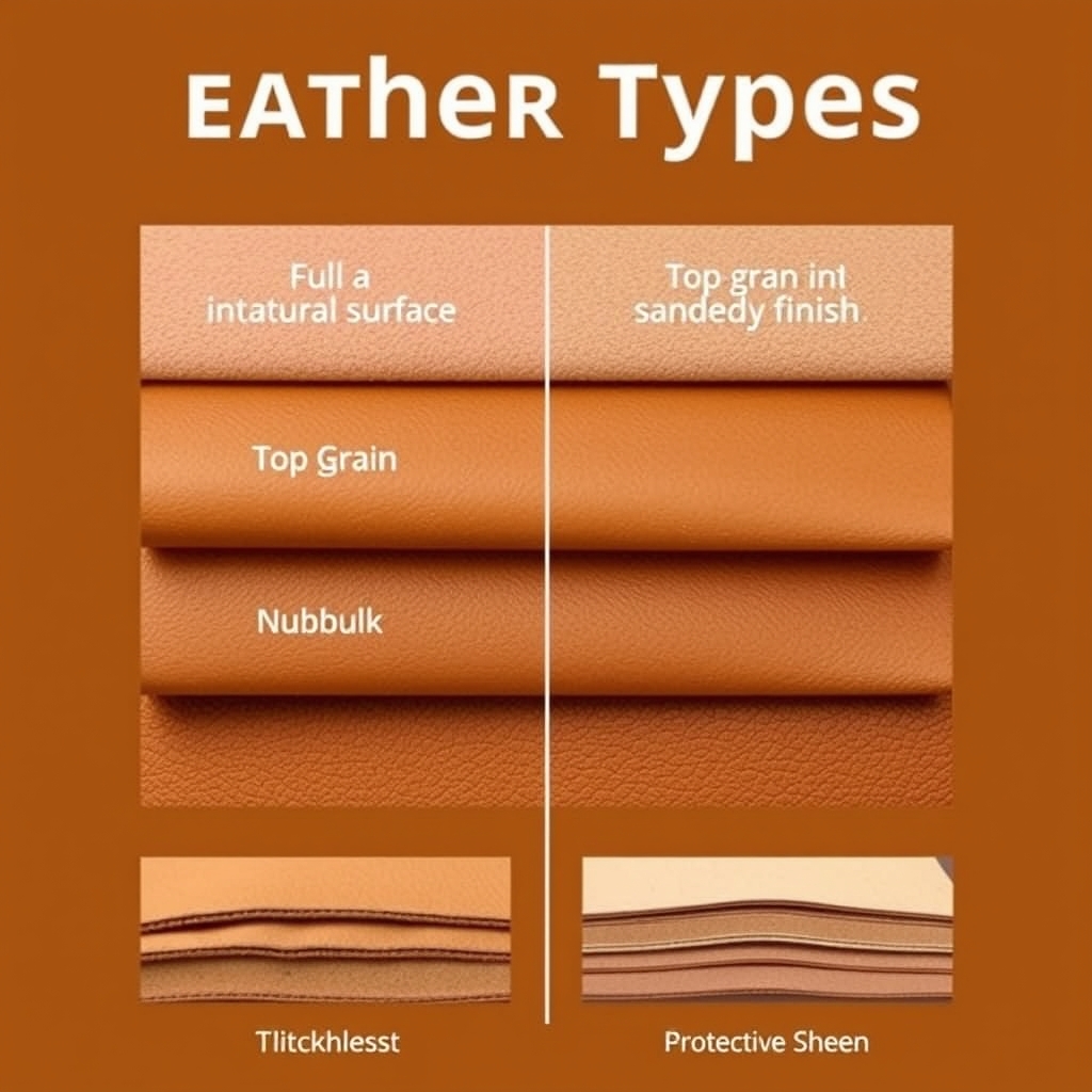 quality leather sandals — Four leather samples showing full-grain, top-grain, nubuck, and oiled nubuck with cross-sections illustrating durability differences.
