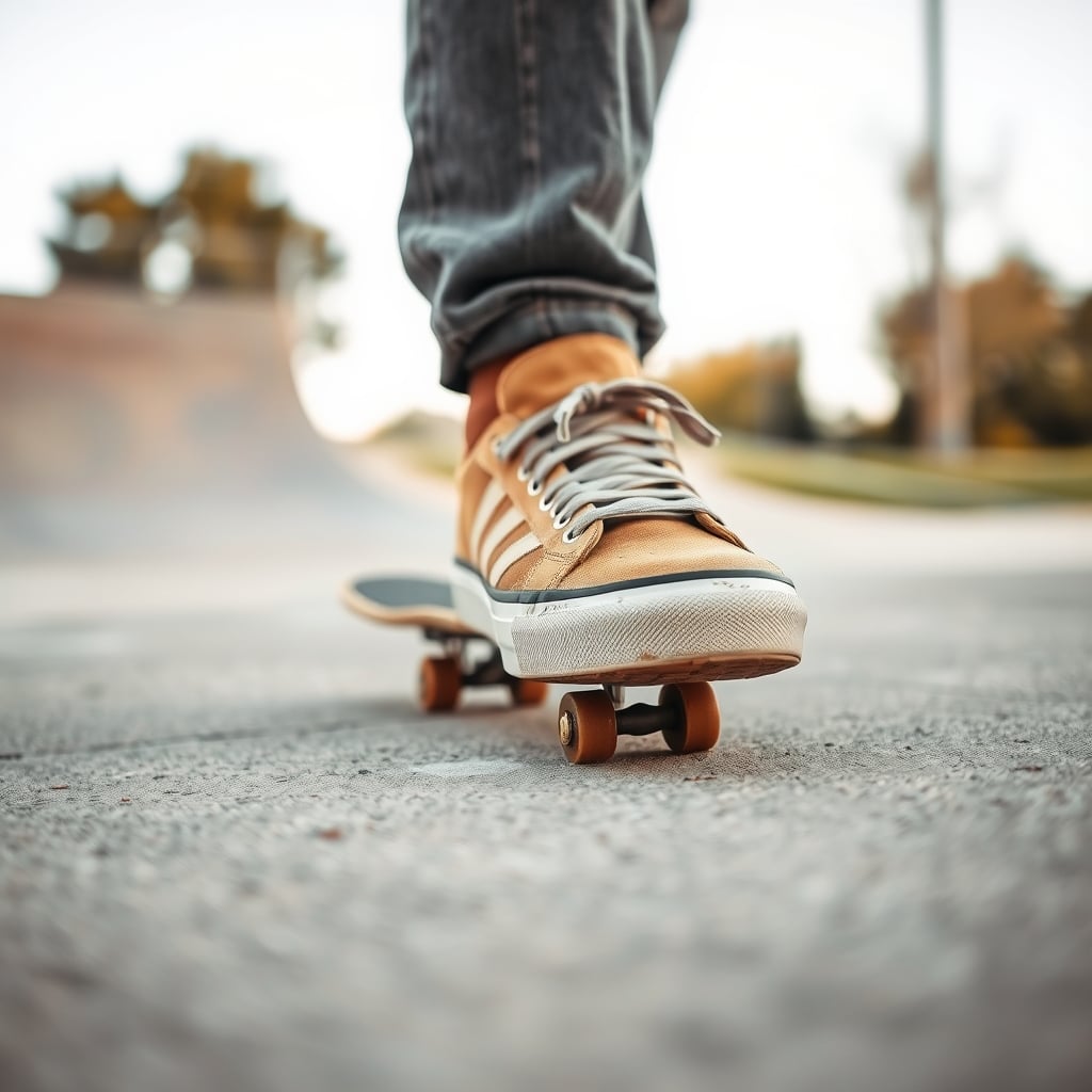 R.A.D. shoes review — Close-up of a R.A.D. skateboarding shoe on concrete showing grip tape and toe reinforcement detail.