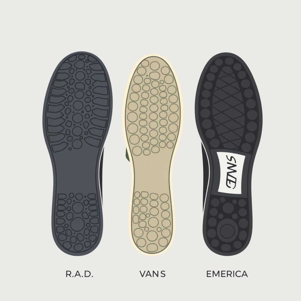 R.A.D. vs Vans — Cross-section comparison of skateboarding shoe soles showing R.A.D. rubber thickness versus Vans and Emerica.