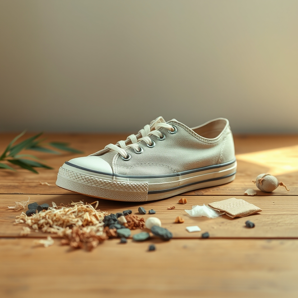 recycled footwear — Sutsu eco-friendly sneakers surrounded by plant-based and recycled material samples on a wooden surface
